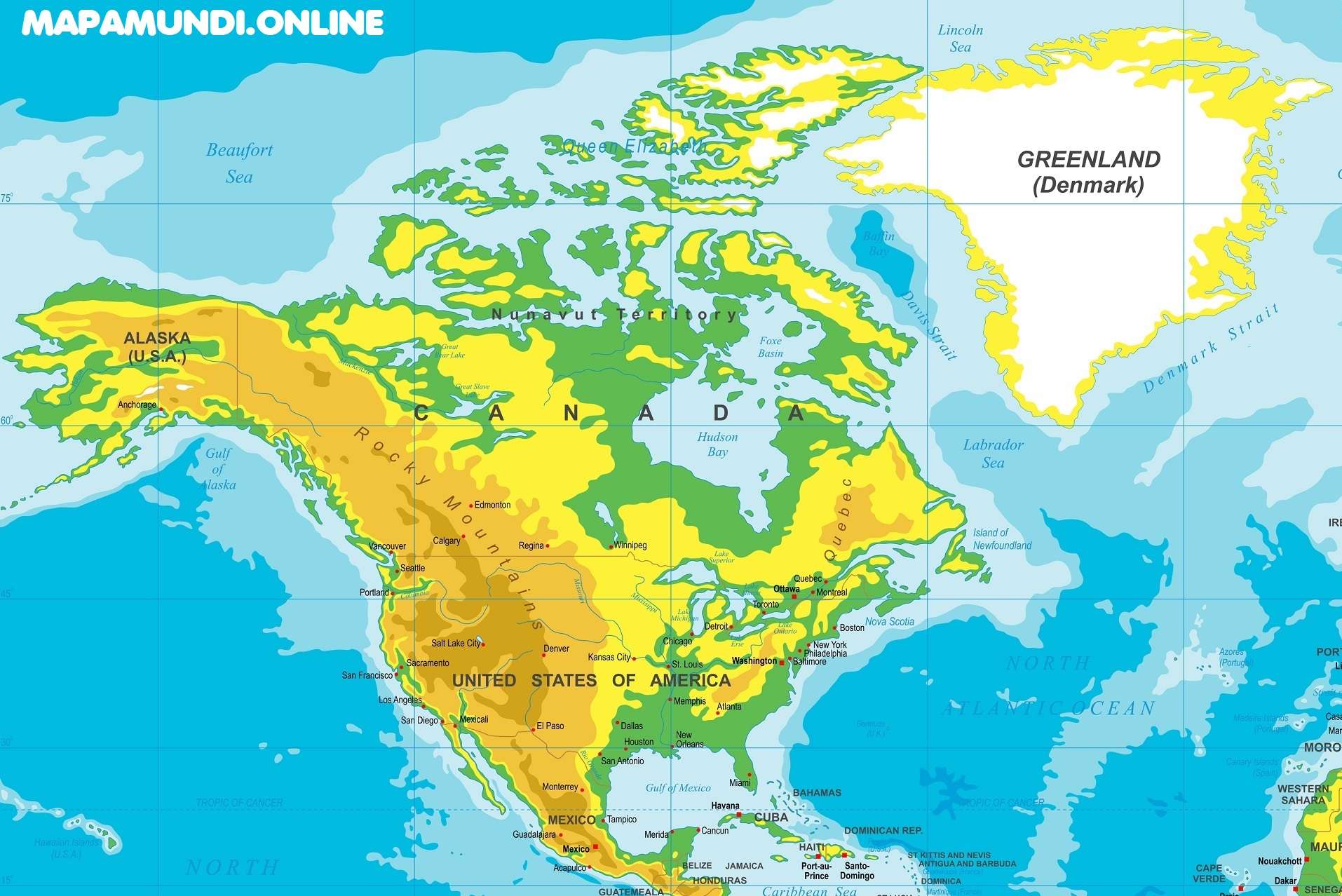 Mapa de América del Norte | Norteamérica | Político | Físico | Para Imprimir